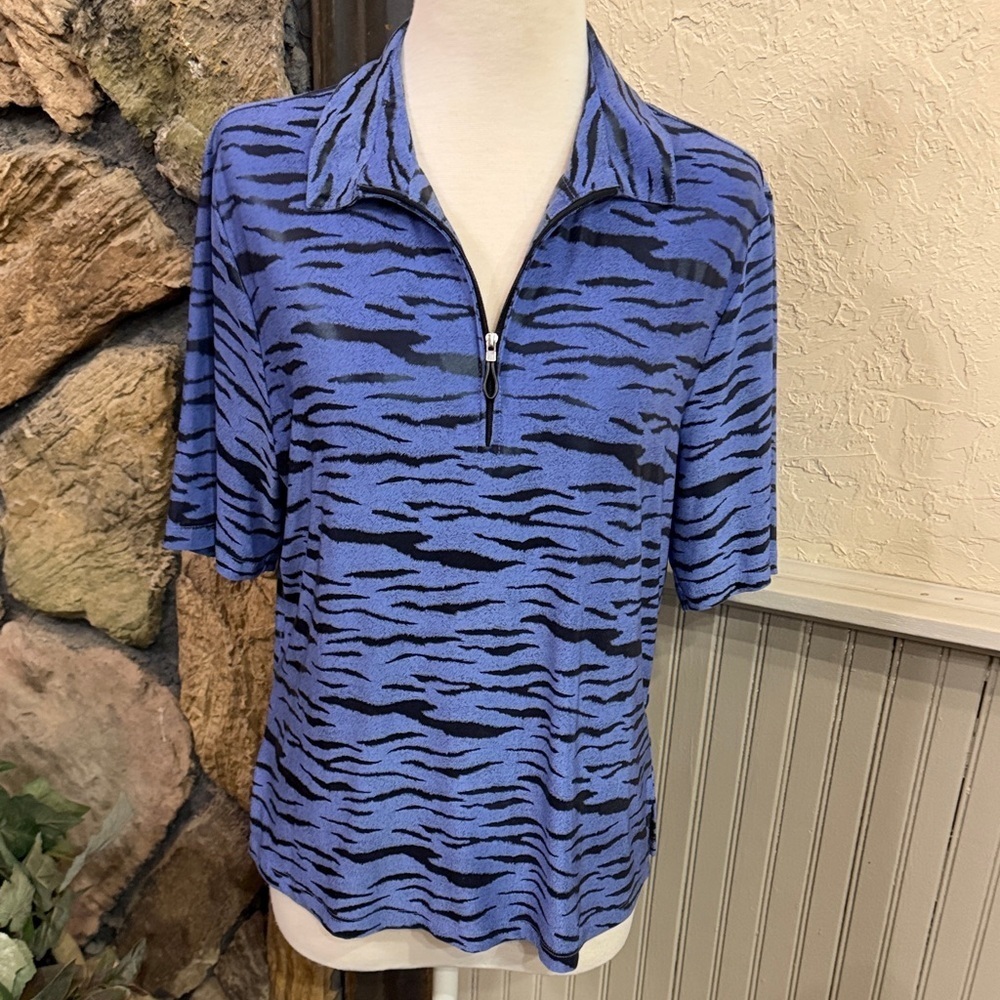Jamie Sadock Zebra Print Blue and Black Short Sleeve Top